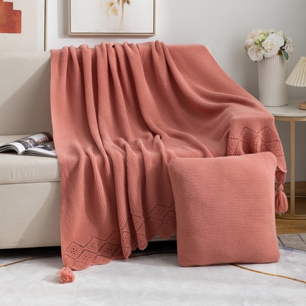 肖恩毯业 2025新款鹿毛绒针织毯纯色素色螺纹镂空苏头北欧毛毯复古沙发毯休闲毯子 水粉色
