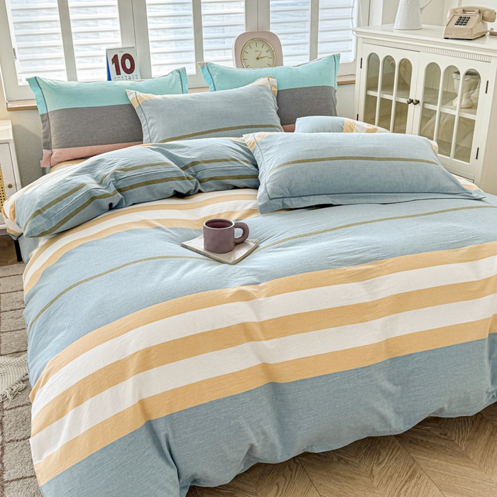 91家纺网 家纺一手货源 找家纺 喜四方 2025新款全棉色织水洗棉四件套 往事-绿