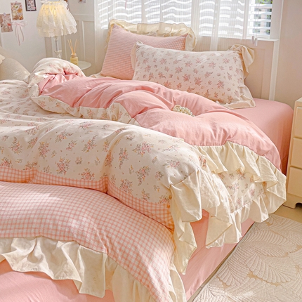 91家纺网 家纺一手货源 找家纺 （总）金梦拉2025新款云朵泡泡纱韩系小碎花格纹系列皱皱纱四件套