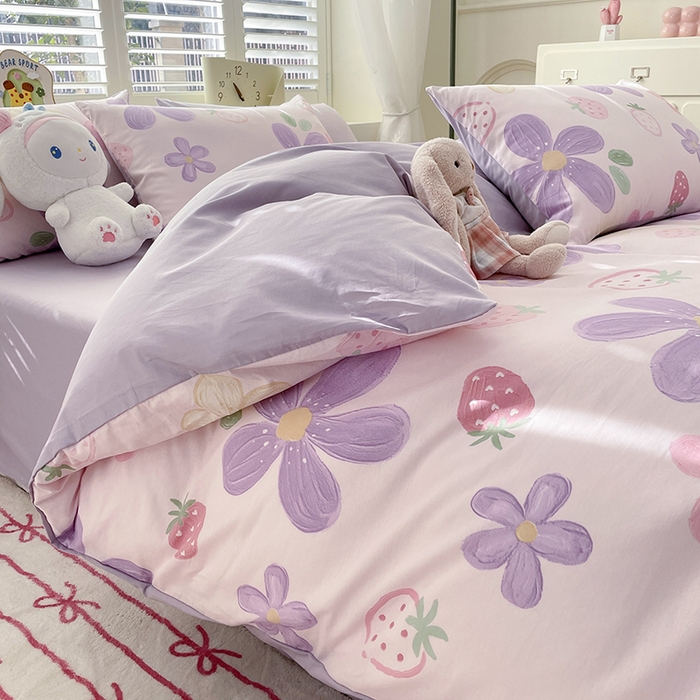 91家纺网 家纺一手货源 找家纺 宜家坊 2025热款全棉四件套学生床三件套单品床单床笠单被套印花小清新卡通碎花纯棉三四件套 泫雅紫