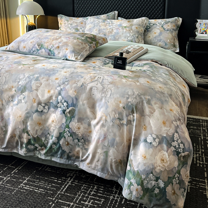 91家纺网 家纺一手货源 找家纺 仟网汇 2025新款棉代尔轻奢系列四件套 花期如梦