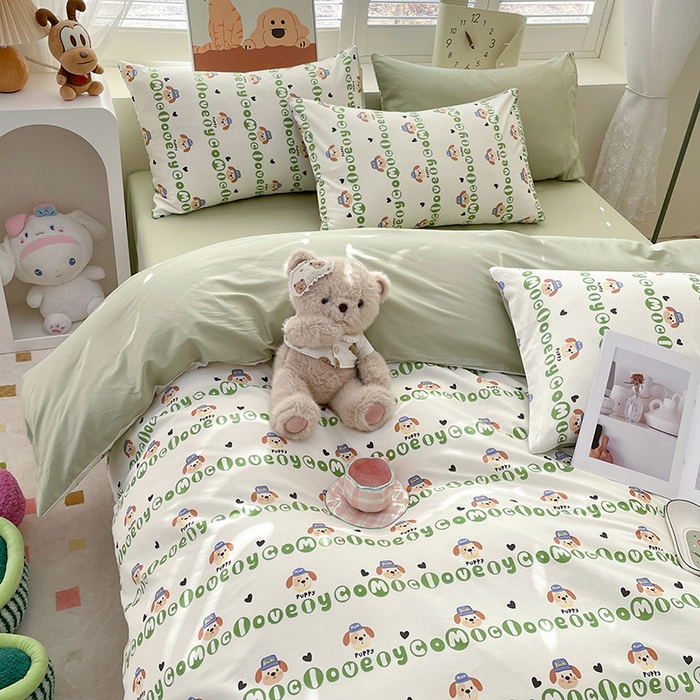 91家纺网 家纺一手货源 找家纺 宜家坊 2025热款全棉四件套学生床三件套单品床单床笠单被套印花小清新卡通碎花纯棉三四件套 字母狗