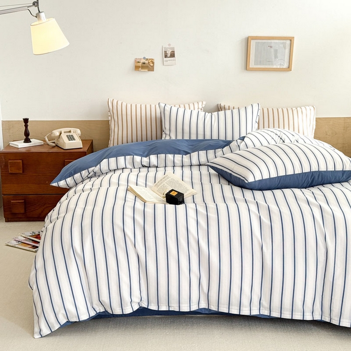 91家纺网 家纺一手货源 找家纺 梦舒羽 2025新款40支13372全棉纯棉简约时尚四件套宿舍三件套 条纹蓝