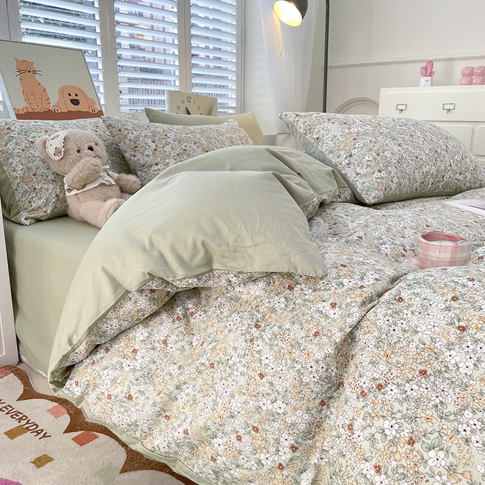 91家纺网 家纺一手货源 找家纺 宜家坊 2025热款全棉四件套学生床三件套单品床单床笠单被套印花小清新卡通碎花纯棉三四件套 繁花似锦绿