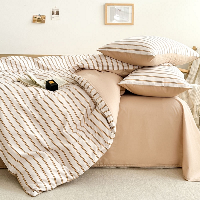 91家纺网 家纺一手货源 找家纺 梦舒羽 2025新款40支13372全棉纯棉简约时尚四件套宿舍三件套 条纹卡其