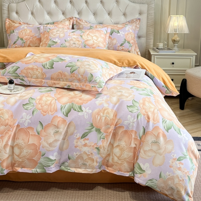 91家纺网 家纺一手货源 找家纺 海洋家纺 2025新款全棉磨毛四件套 富贵满屏 紫