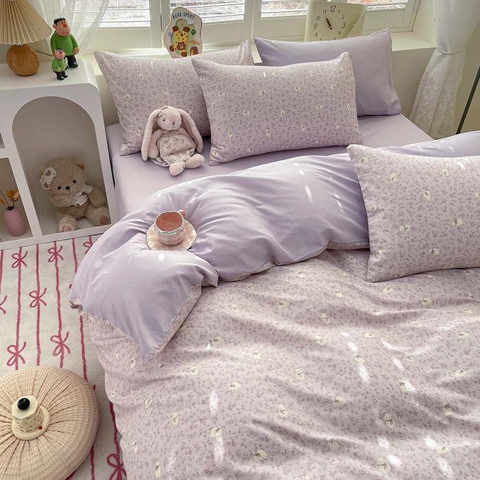 91家纺网 家纺一手货源 找家纺 宜家坊 2025热款全棉四件套学生床三件套单品床单床笠单被套印花小清新卡通碎花纯棉三四件套 紫色小兔