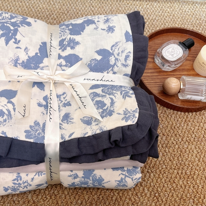 91家纺网 家纺一手货源 找家纺 荣轩 2024新款全棉印花双层纱四件套 皱皱纱花边款 向晚