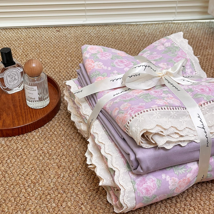 91家纺网 家纺一手货源 找家纺 荣轩家居 2025新款全棉双层纱镂空花边工艺款四件套 漫梨