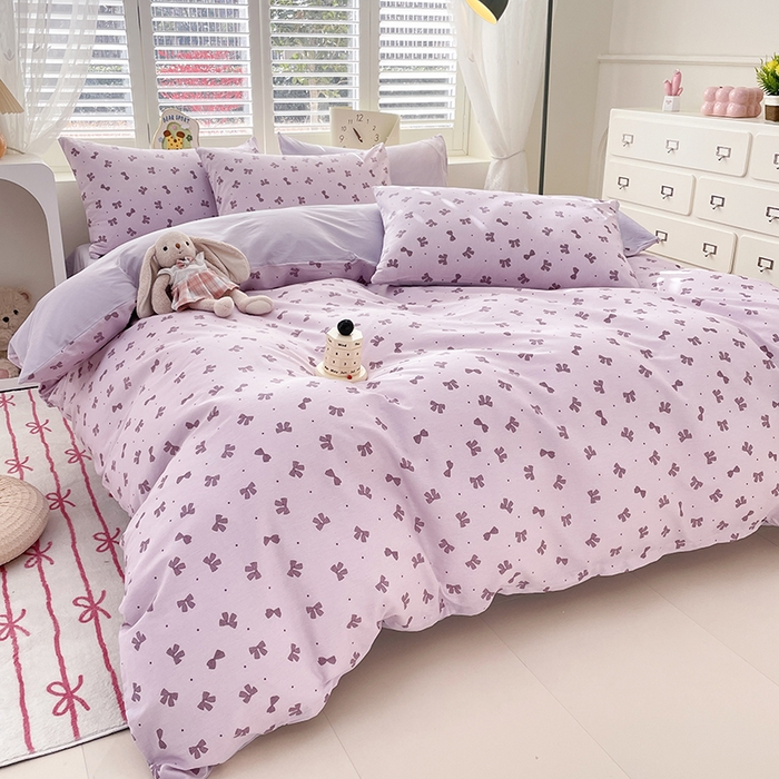 91家纺网 家纺一手货源 找家纺 宜家坊 2025热款全棉四件套学生床三件套单品床单床笠单被套印花小清新卡通碎花纯棉三四件套 紫色蝴蝶结