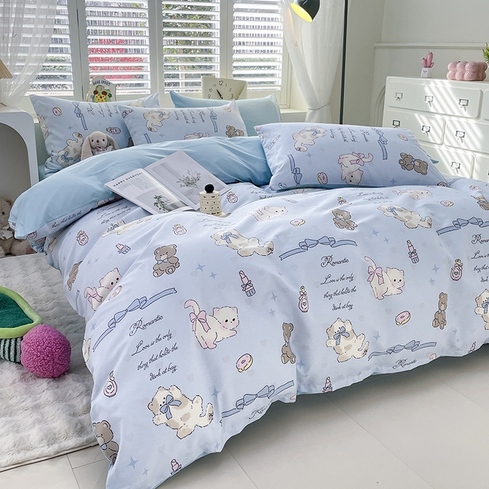 91家纺网 家纺一手货源 找家纺 宜家坊 2025热款全棉四件套学生床三件套单品床单床笠单被套印花小清新卡通碎花纯棉三四件套 爱美的猫