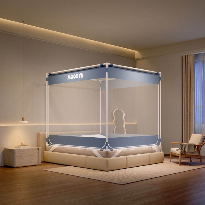 91家纺网 家纺一手货源 找家纺 卓尔居 2025新款成人坐床外穿蚊帐系列-mood mood.蓝灰