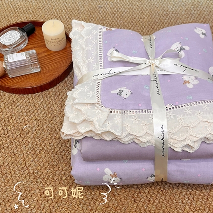 91家纺网 家纺一手货源 找家纺 （总）荣轩家居 2025新款全棉双层纱镂空花边工艺款四件套