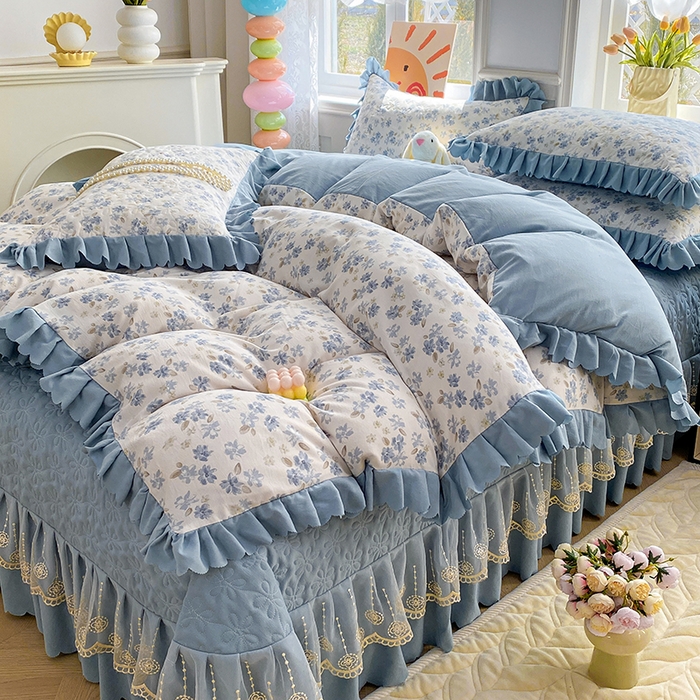 91家纺网 家纺一手货源 找家纺 提花大世界 2025直播热款A类针织棉双层纱夹棉床盖床裙花边单件三件四件套 畅游花海