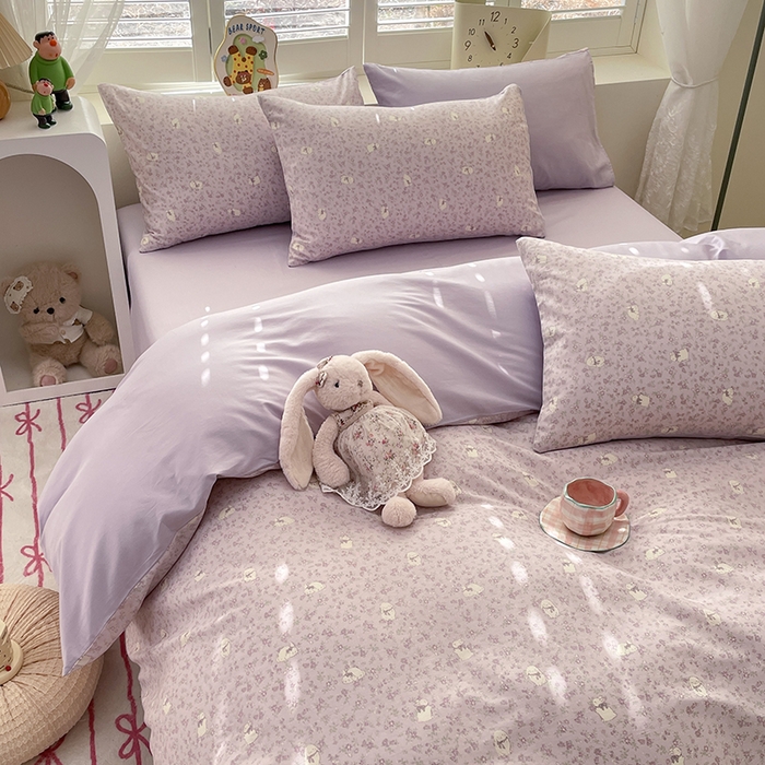 91家纺网 家纺一手货源 找家纺 宜家坊 2025全棉13070单被套印花小清新卡通碎花纯棉单品被套枕套（有预缩售后无忧 免费提供买家秀） 紫色小兔