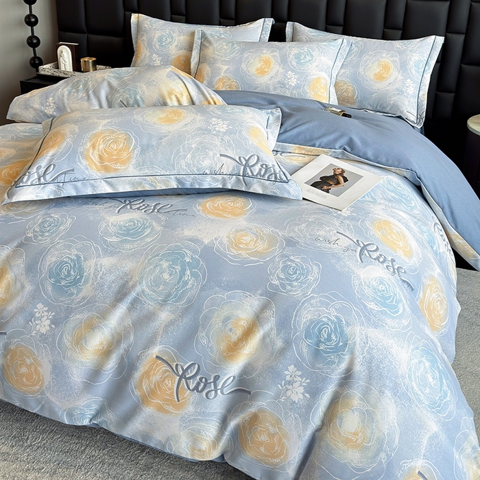 91家纺网 家纺一手货源 找家纺 海洋家纺 2025新款全棉磨毛四件套 花香满园 蓝