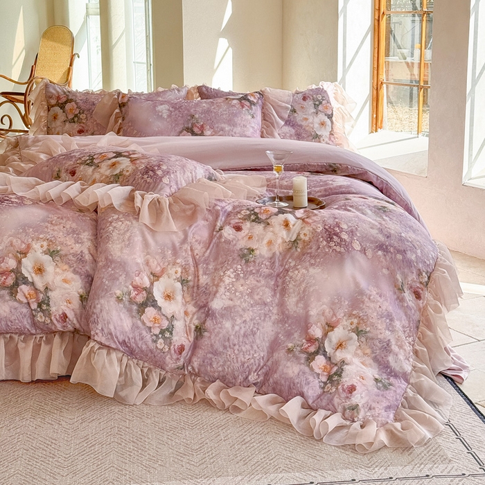 91家纺网 家纺一手货源 找家纺 仟网汇 2025新款韩版棉代尔法式四件套 莫妮卡