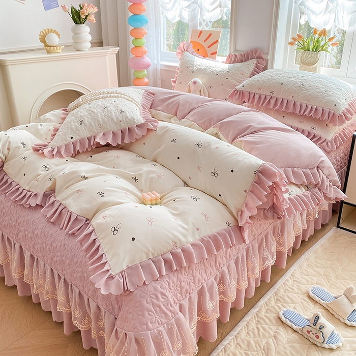 91家纺网 家纺一手货源 找家纺 （总）提花大世界 2025直播热款A类针织棉双层纱夹棉床盖床裙花边单件三件四件套