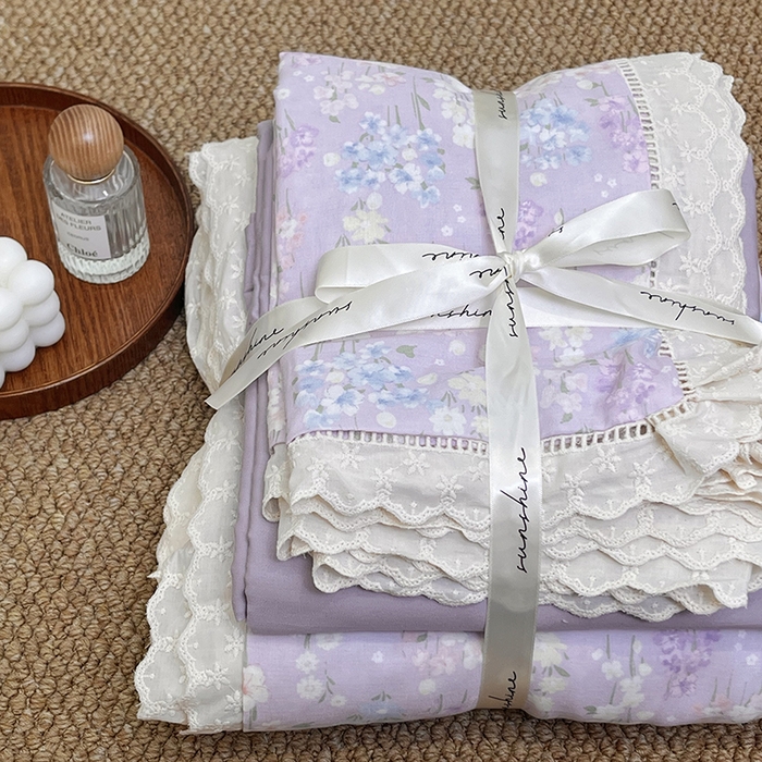 91家纺网 家纺一手货源 找家纺 荣轩家居 2025新款全棉双层纱镂空花边工艺款四件套 春意