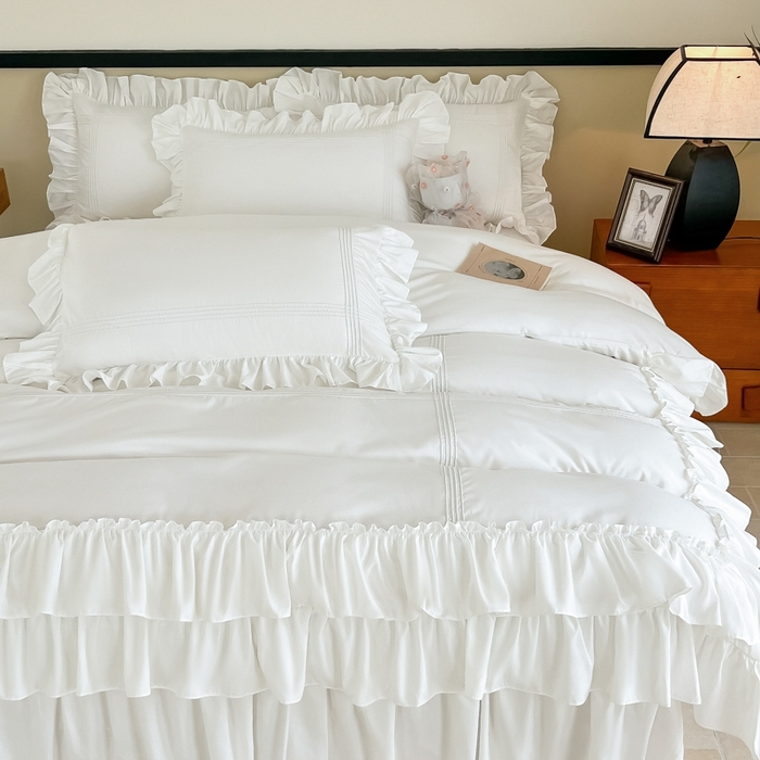 91家纺网 家纺一手货源 找家纺 乐卧家居2026新款法式浪漫经典直条褶边双层荷叶边四件套飘逸系列 飘逸-白