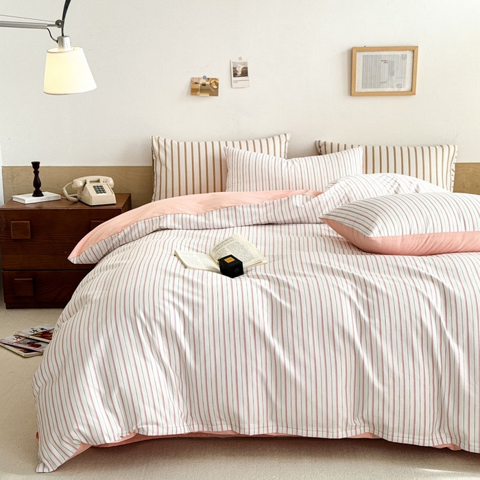 91家纺网 家纺一手货源 找家纺 梦舒羽 2025新款40支13372全棉纯棉简约时尚四件套宿舍三件套 条纹粉