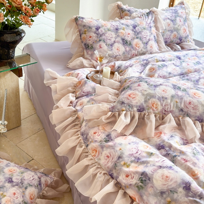 91家纺网 家纺一手货源 找家纺 仟网汇 2025新款韩版棉代尔法式四件套 卡洛琳