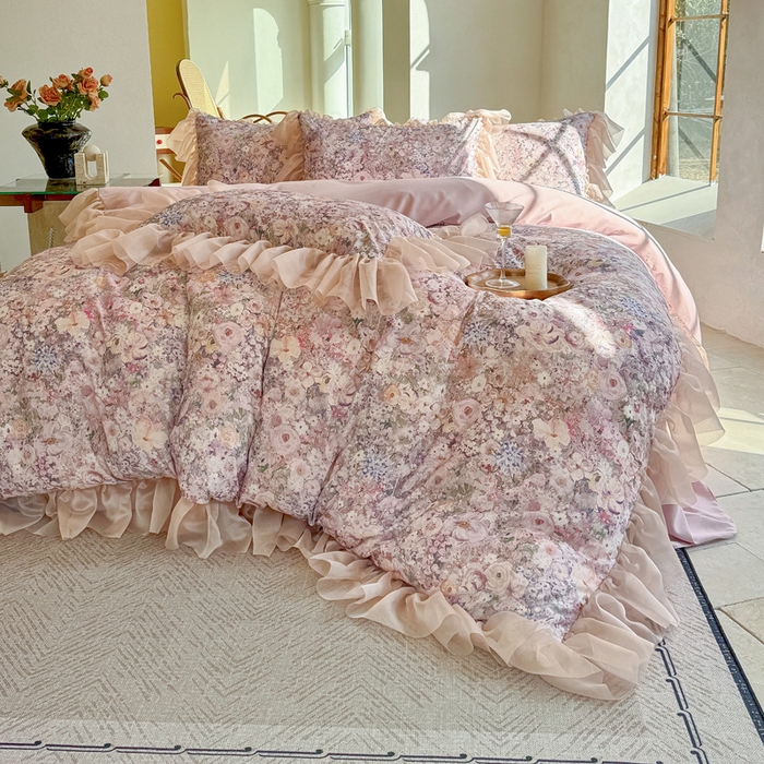 91家纺网 家纺一手货源 找家纺 仟网汇 2025新款韩版棉代尔法式四件套 卡西娅