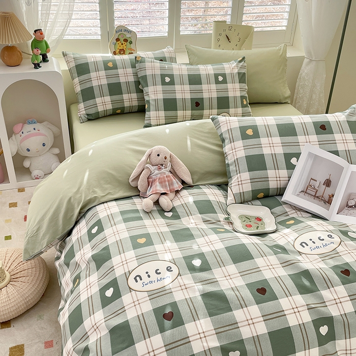 91家纺网 家纺一手货源 找家纺 宜家坊 2025热款全棉四件套学生床三件套单品床单床笠单被套印花小清新卡通碎花纯棉三四件套 爱心格绿