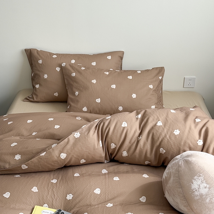 91家纺网 家纺一手货源 找家纺 窝米 2025新品简约时尚双层纱系列四件套 小幽灵咖