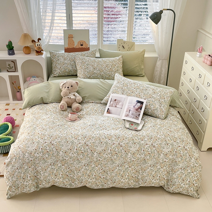 91家纺网 家纺一手货源 找家纺 宜家坊 2025热款全棉四件套学生床三件套单品床单床笠单被套印花小清新卡通碎花纯棉三四件套 繁花似锦绿