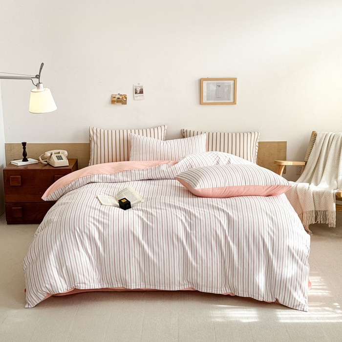 91家纺网 家纺一手货源 找家纺 梦舒羽 2025新款40支13372全棉纯棉简约时尚四件套宿舍三件套 条纹粉