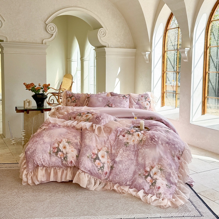 91家纺网 家纺一手货源 找家纺 仟网汇 2025新款韩版棉代尔法式四件套 莫妮卡