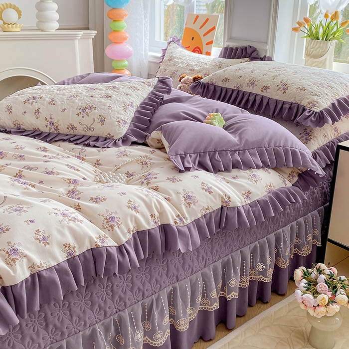 91家纺网 家纺一手货源 找家纺 提花大世界 2025直播热款A类针织棉双层纱夹棉床盖床裙花边单件三件四件套 幽香私语