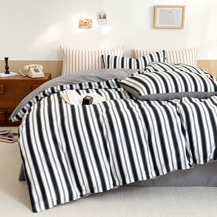 91家纺网 家纺一手货源 找家纺 梦舒羽 2025新款40支13372全棉纯棉简约时尚四件套宿舍三件套 条纹黑