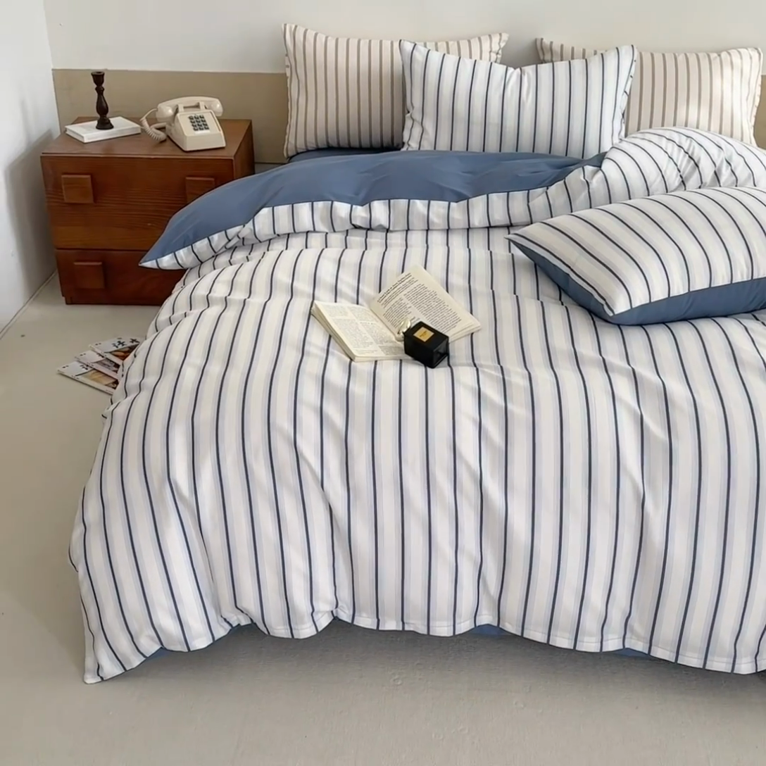91家纺网 家纺一手货源 找家纺 梦舒羽 2025新款40支13372全棉纯棉简约时尚四件套宿舍三件套 条纹蓝