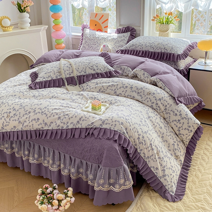 91家纺网 家纺一手货源 找家纺 提花大世界 2025直播热款A类针织棉双层纱夹棉床盖床裙花边单件三件四件套 春日之花