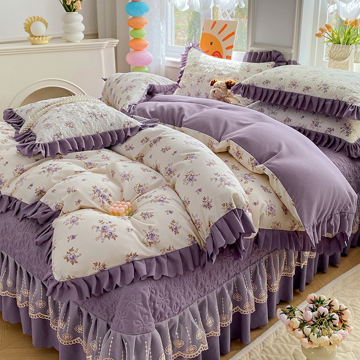 91家纺网 家纺一手货源 找家纺 提花大世界 2025直播热款A类针织棉双层纱夹棉床盖床裙花边单件三件四件套 幽香私语