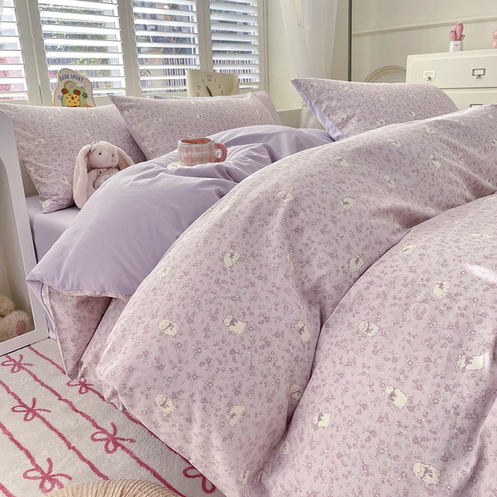 91家纺网 家纺一手货源 找家纺 宜家坊 2025全棉13070单被套印花小清新卡通碎花纯棉单品被套枕套（有预缩售后无忧 免费提供买家秀） 紫色小兔