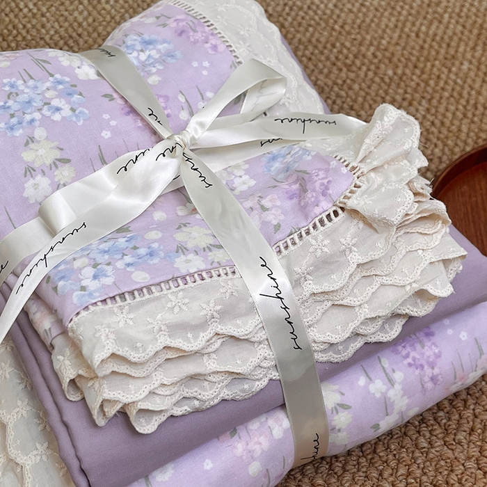 91家纺网 家纺一手货源 找家纺 荣轩家居 2025新款全棉双层纱镂空花边工艺款四件套 春意