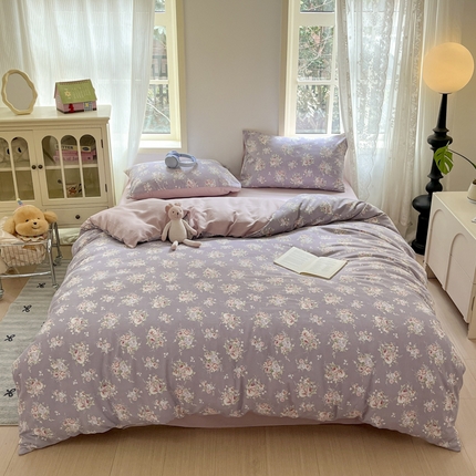 91家纺网 家纺一手货源 找家纺 悦织湾家纺 2025新款A类针织双层纱四件套轻奢时尚床上用品三四件套直播电商热销款 紫萱