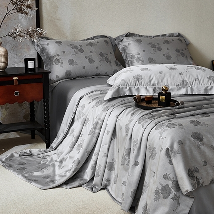 鸣升家纺 2025新款兰精天丝棉大提花100%蚕丝被 夏被 空调被（包检测） 雾野山亭-灰