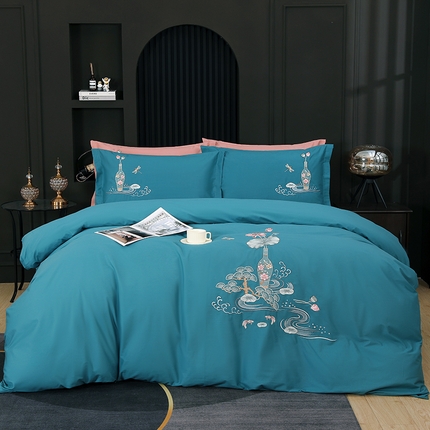 浩情国际婚庆供货中心 2026新品春夏四季款全棉纯棉高端绣花四件套-爱丽莎 爱丽莎-孔雀绿