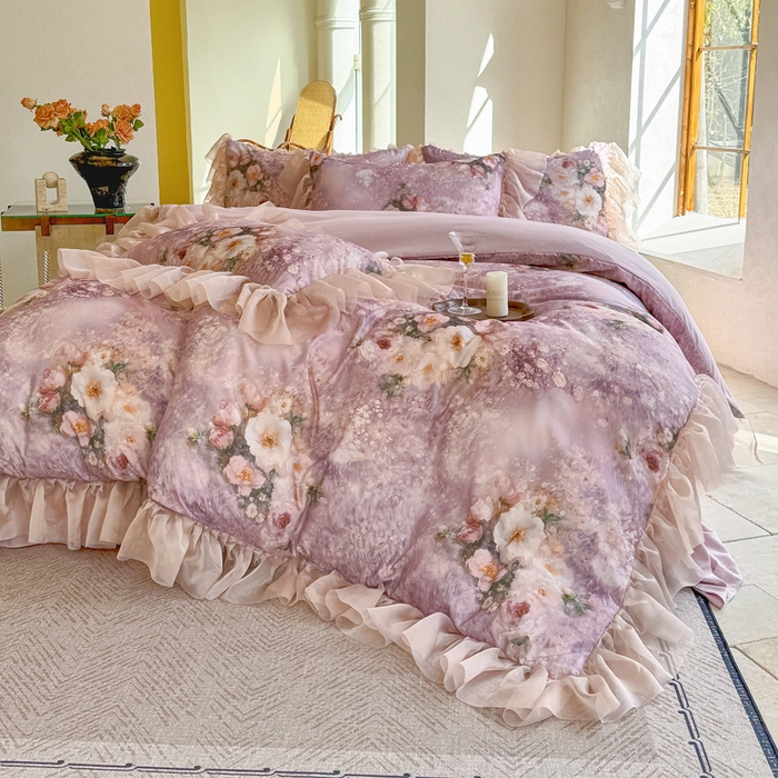 91家纺网 家纺一手货源 找家纺 仟网汇 2025新款韩版棉代尔法式四件套 莫妮卡