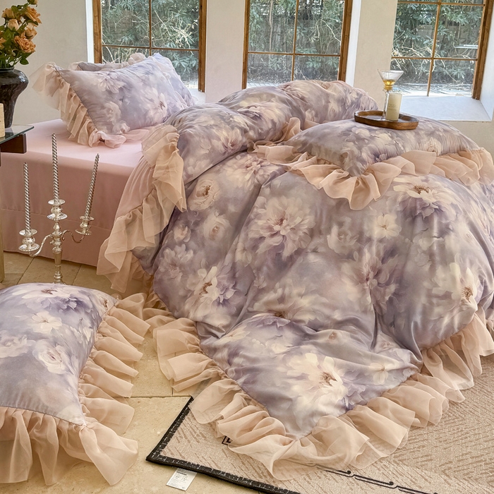 91家纺网 家纺一手货源 找家纺 仟网汇 2025新款韩版棉代尔法式四件套 迷迭香