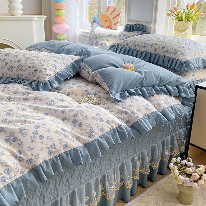 91家纺网 家纺一手货源 找家纺 提花大世界 2025直播热款A类针织棉双层纱夹棉床盖床裙花边单件三件四件套 畅游花海