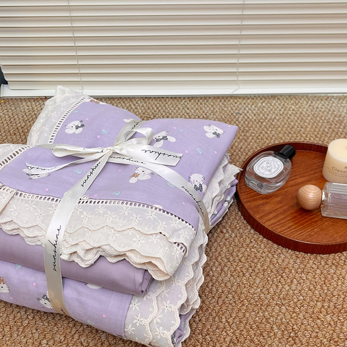 91家纺网 家纺一手货源 找家纺 荣轩家居 2025新款全棉双层纱镂空花边工艺款四件套 可可妮