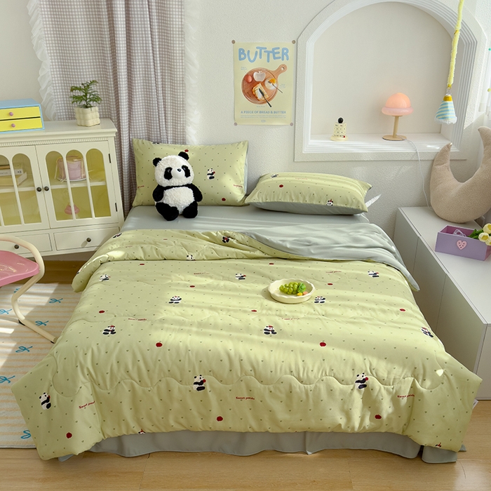 91家纺网 家纺一手货源 找家纺 弗苓家纺 2025 A类有氧针织双层纱夏被四件套直播爆款 熊猫胖胖-绿