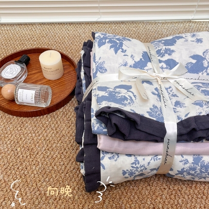 荣轩 2024新款全棉印花双层纱四件套 皱皱纱花边款 向晚