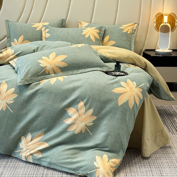 91家纺网 家纺一手货源 找家纺 海洋家纺 2025新款全棉磨毛四件套 枫叶絮