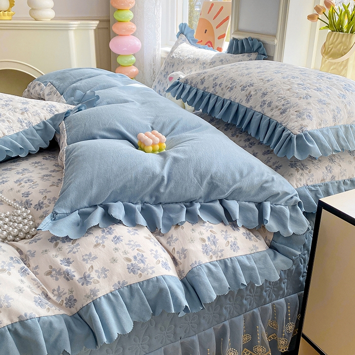 91家纺网 家纺一手货源 找家纺 提花大世界 2025直播热款A类针织棉双层纱夹棉床盖床裙花边单件三件四件套 畅游花海